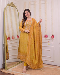 Women Silk Mustard Kurta Pant and Chinon Silk Dupatta set