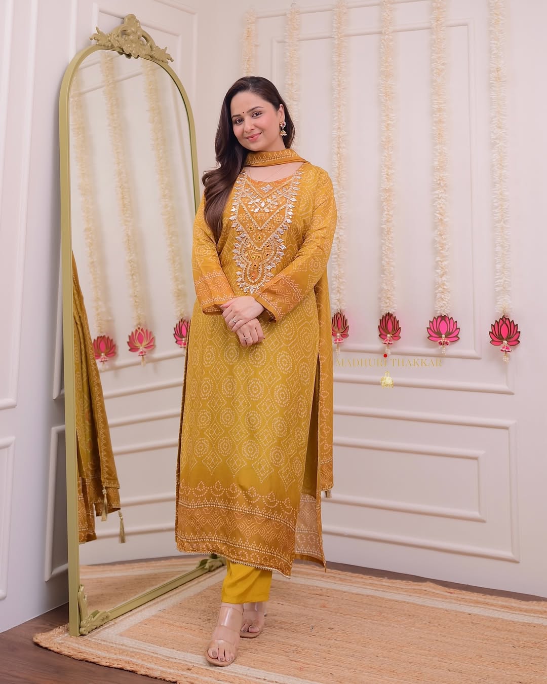 Women Silk Mustard Kurta Pant and Chinon Silk Dupatta set