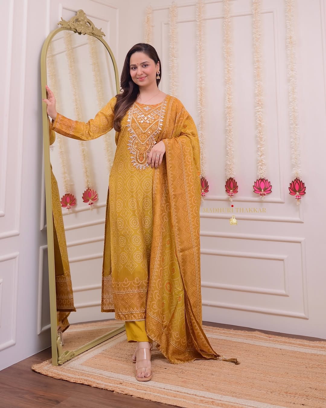 Women Silk Mustard Kurta Pant and Chinon Silk Dupatta set