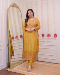 Women Silk Mustard Kurta Pant and Chinon Silk Dupatta set