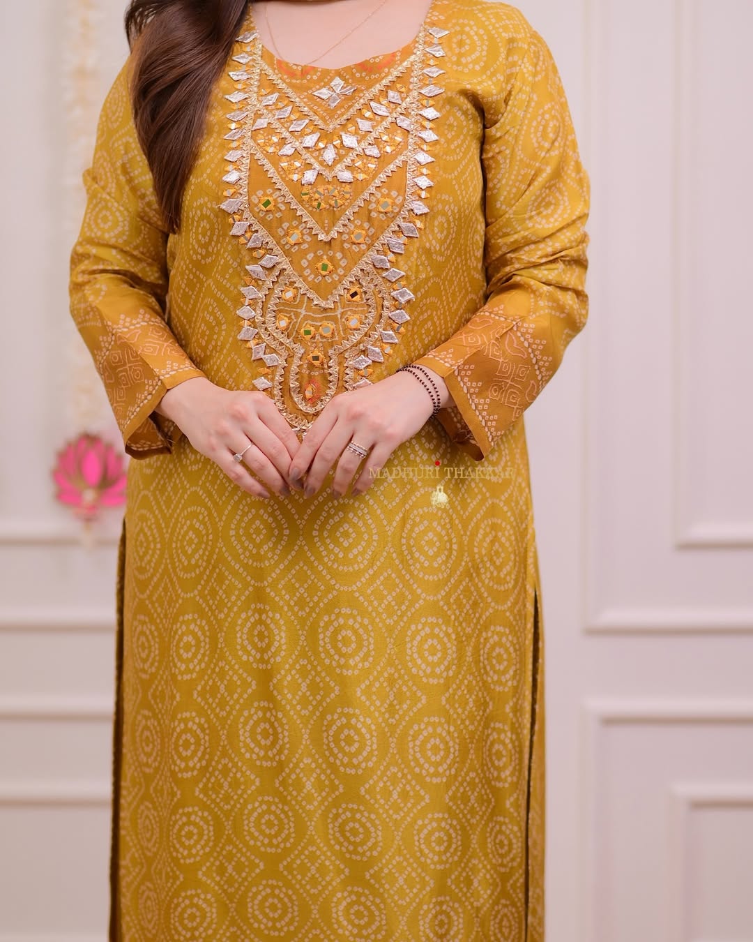 Women Silk Mustard Kurta Pant and Chinon Silk Dupatta set