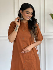 Women Brown Pocket Embroidery Cotton Kurta Palazzo set