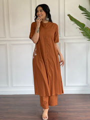 Women Brown Pocket Embroidery Cotton Kurta Palazzo set