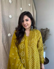 Women Bandhez Yellow Cotton Kurta Pant and Dupatta set