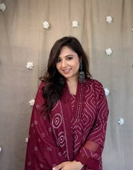 Women Bandhez Maroon Cotton Kurta Pant and Dupatta set