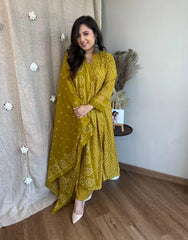 Women Bandhez Yellow Cotton Kurta Pant and Dupatta set