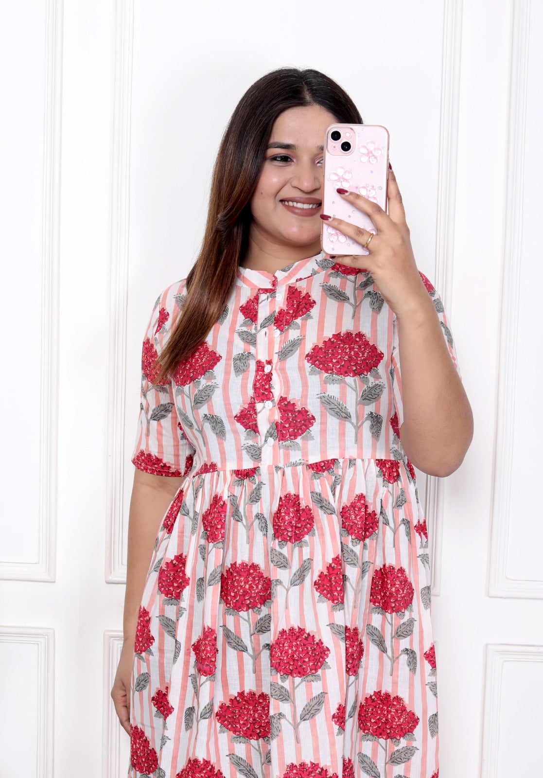 Women Red Flowers Cotton Middi Gown