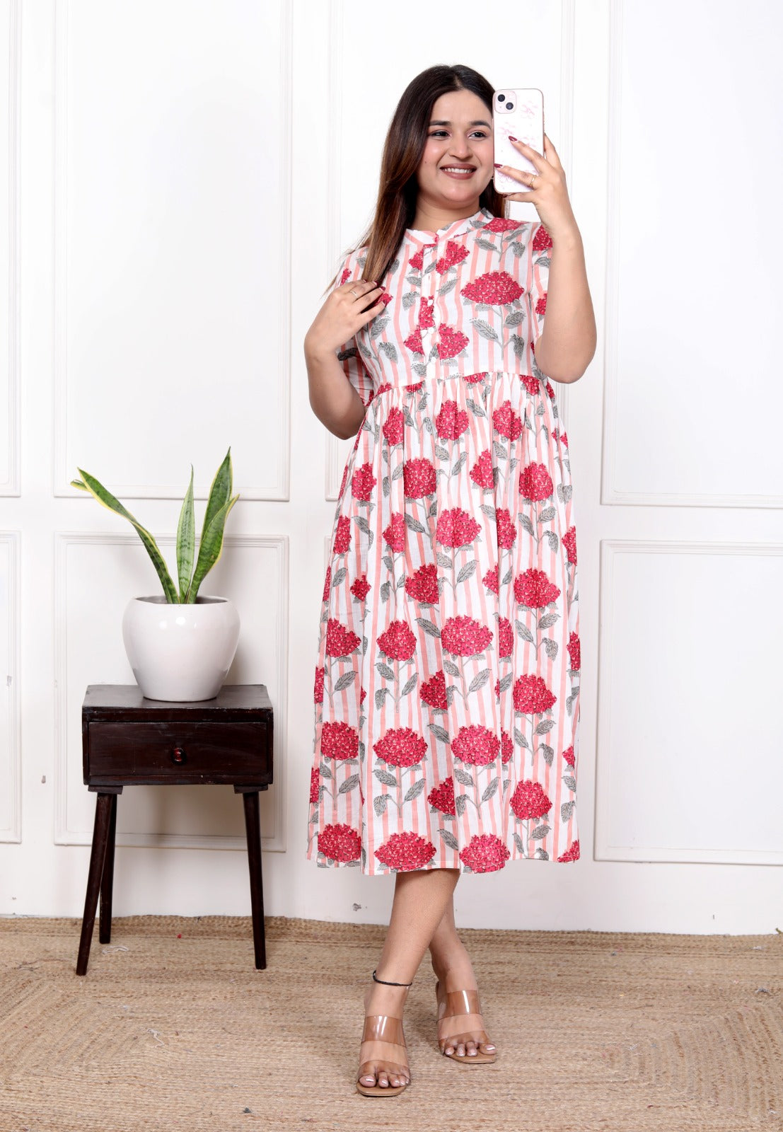 Women Red Flowers Cotton Middi Gown