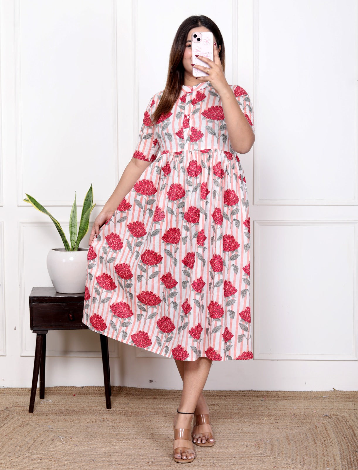 Women Red Flowers Cotton Middi Gown