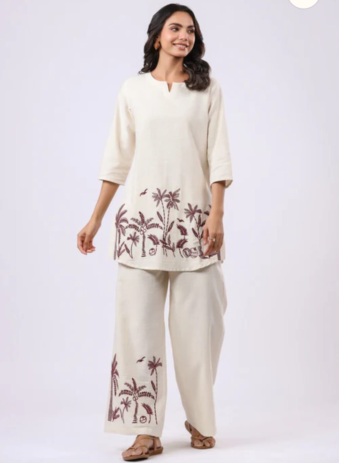 Women Off-White Embroidery Cotton Co-Ord set