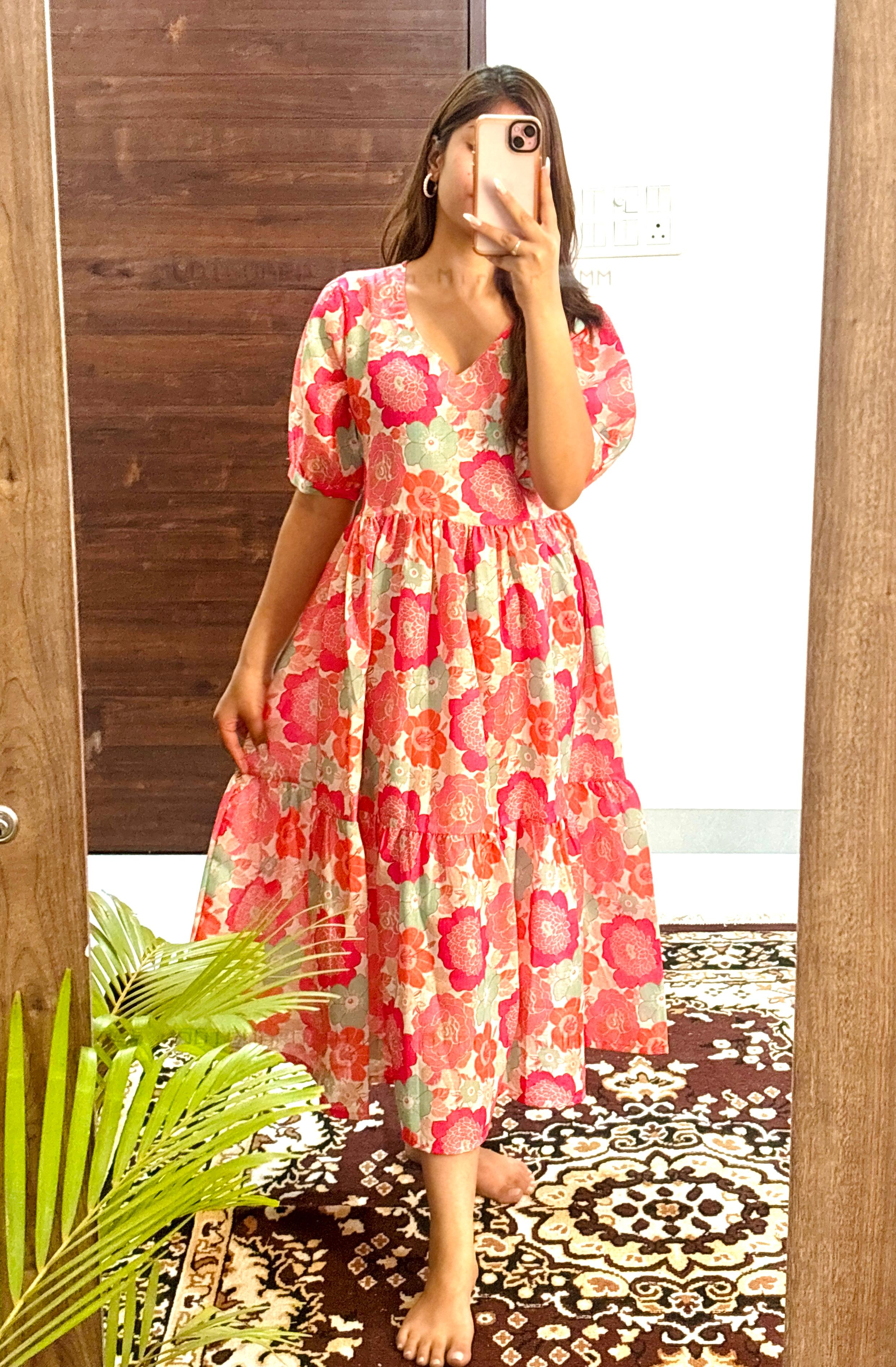 Women Pink Multicolor Cotton Middi Gown