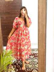 Women Pink Multicolor Cotton Middi Gown