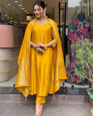 Women Chanderi Silk Mustard Kurta Pant and Banarasi Dupatta set