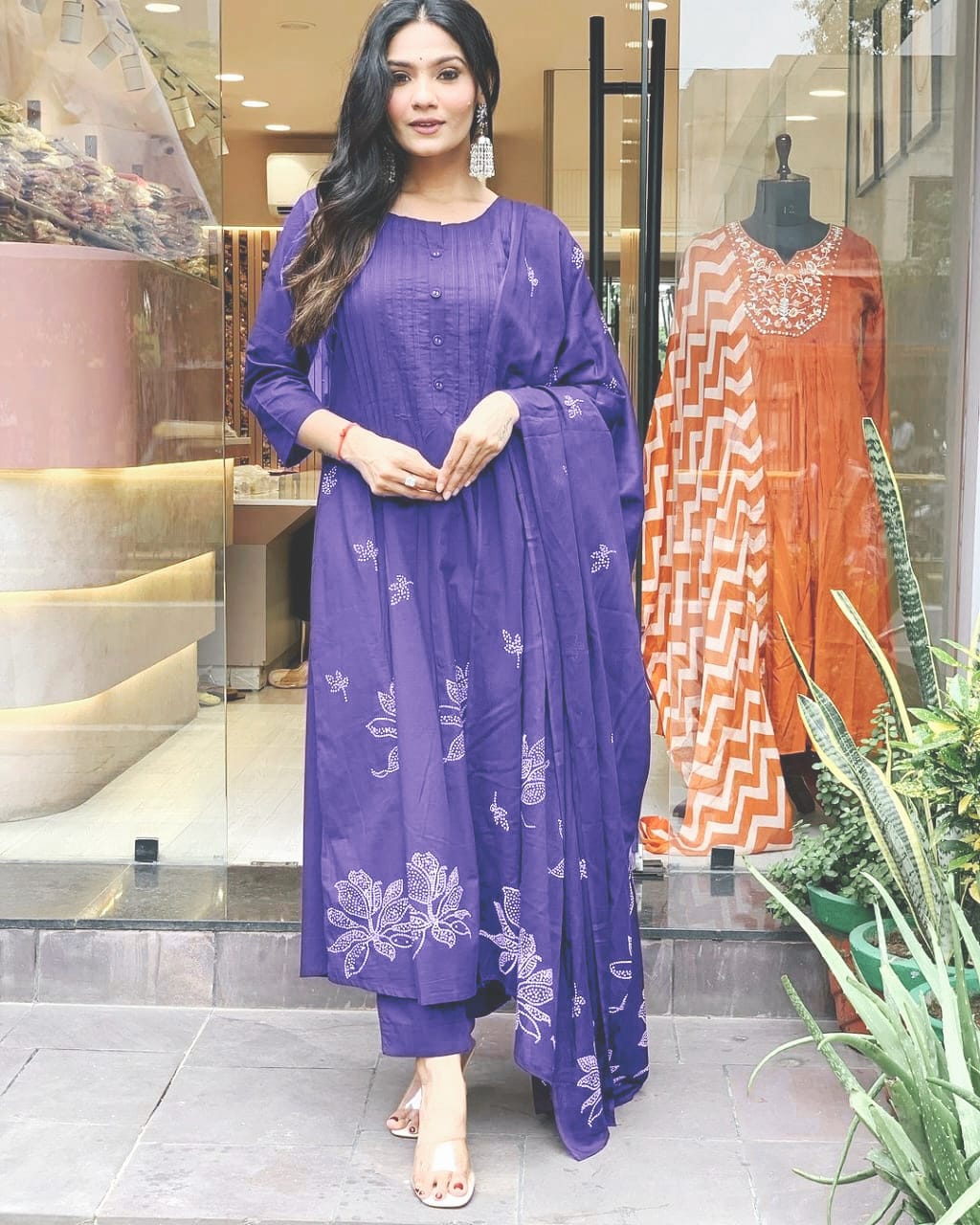 Women Cotton Purple Kurta Pant and Dupatta set