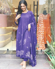 Women Cotton Purple Kurta Pant and Dupatta set