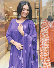 Women Cotton Purple Kurta Pant and Dupatta set