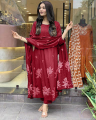 Women Cotton Maroon Kurta Pant and Dupatta set