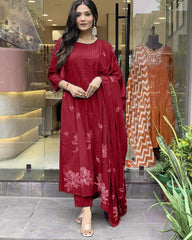 Women Cotton Maroon Kurta Pant and Dupatta set