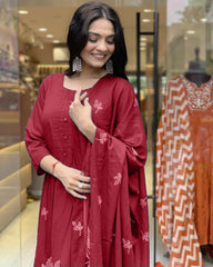 Women Cotton Maroon Kurta Pant and Dupatta set