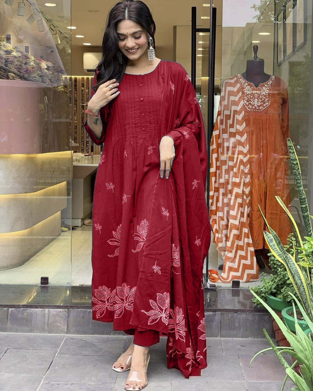 Women Cotton Maroon Kurta Pant and Dupatta set