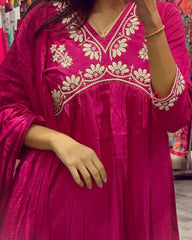 Women Pink Embroidery Cotton Kurta Pant and Dupatta set