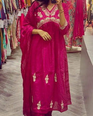 Women Pink Embroidery Cotton Kurta Pant and Dupatta set