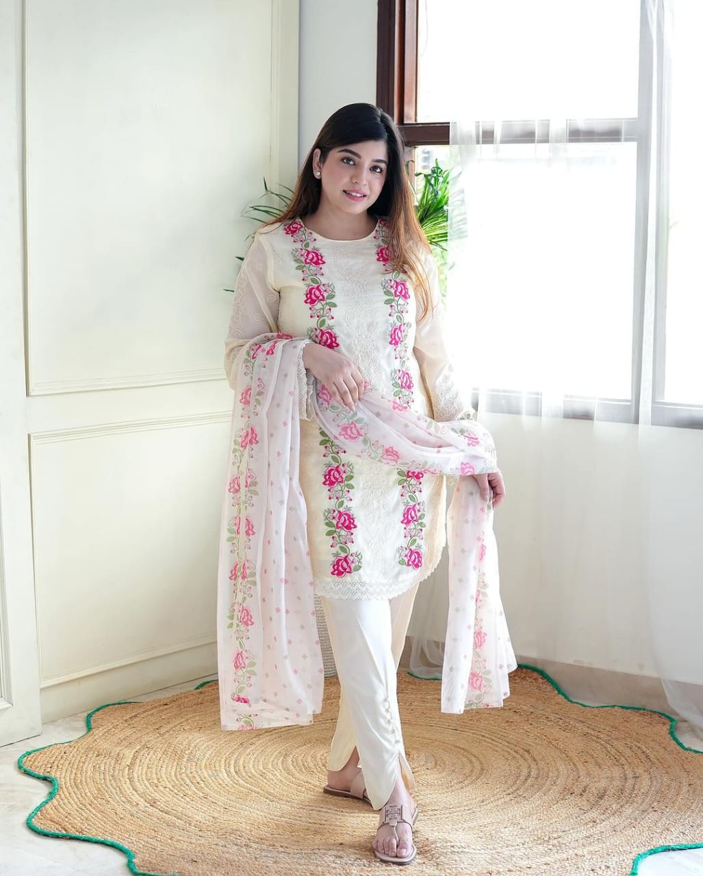 Women White Cotton Kurta Pant and Dupatta set