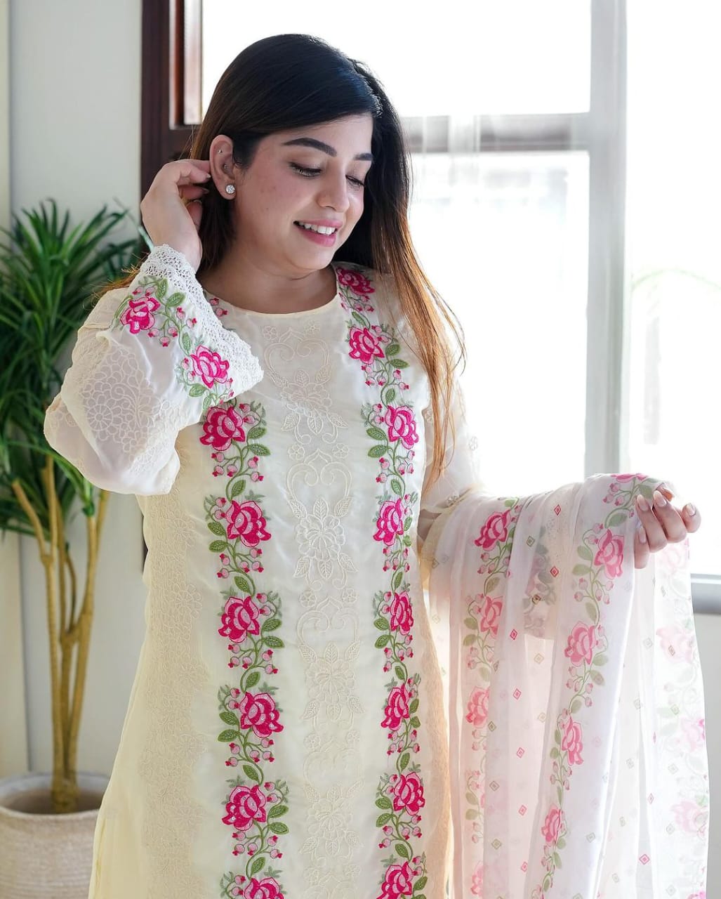 Women White Cotton Kurta Pant and Dupatta set