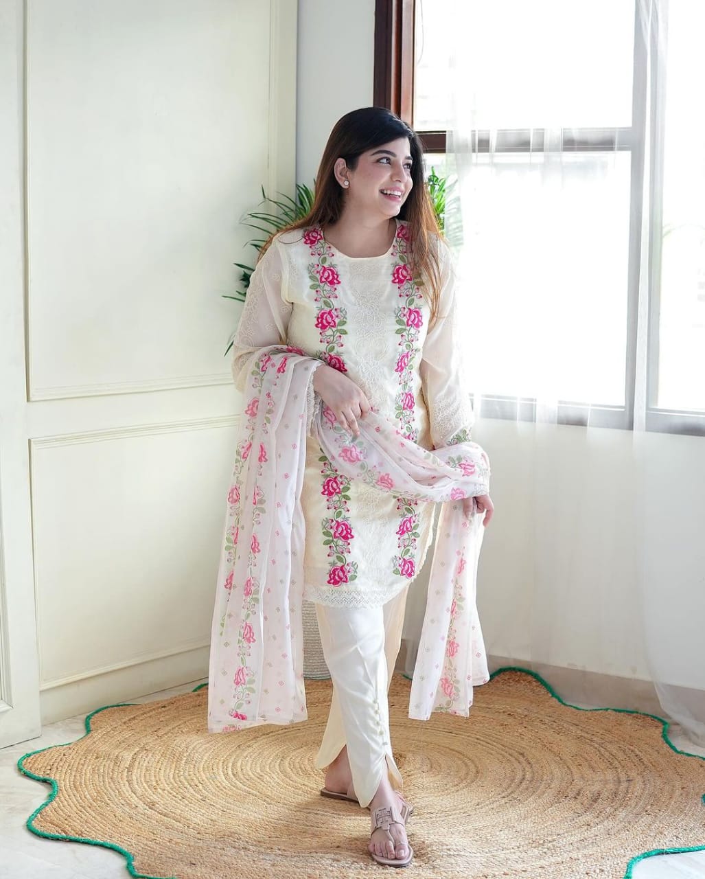 Women White Cotton Kurta Pant and Dupatta set