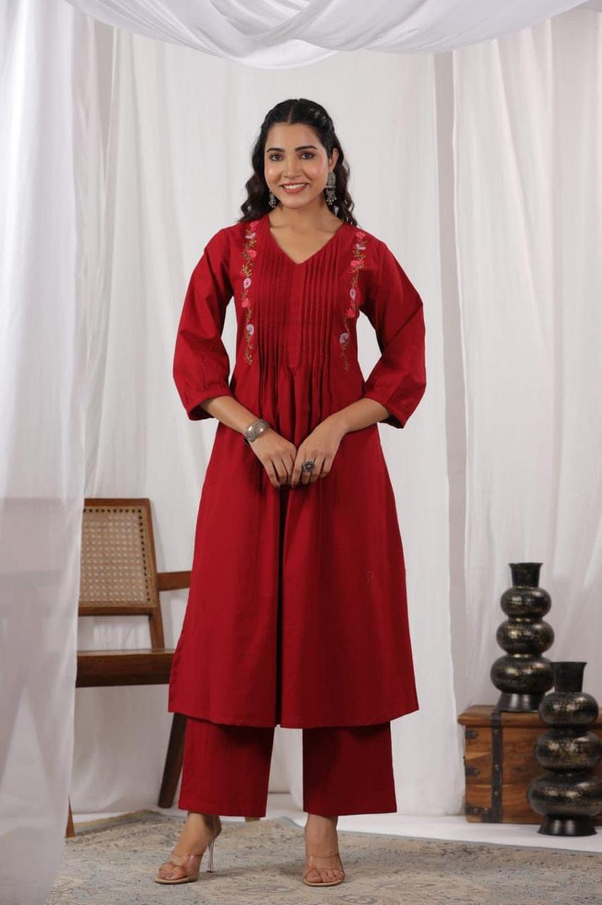 Women Red Cotton Embroidery Kurta Pant set