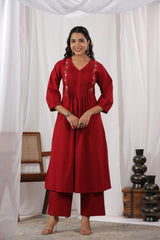 Women Red Cotton Embroidery Kurta Pant set