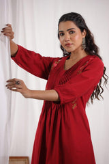 Women Red Cotton Embroidery Kurta Pant set