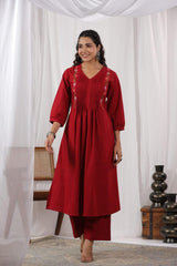 Women Red Cotton Embroidery Kurta Pant set