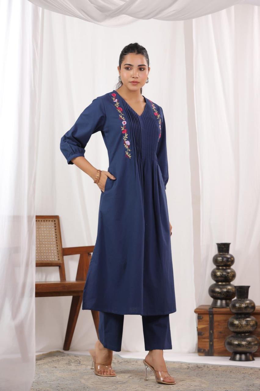 Women Blue Cotton Embroidery Kurta Pant set