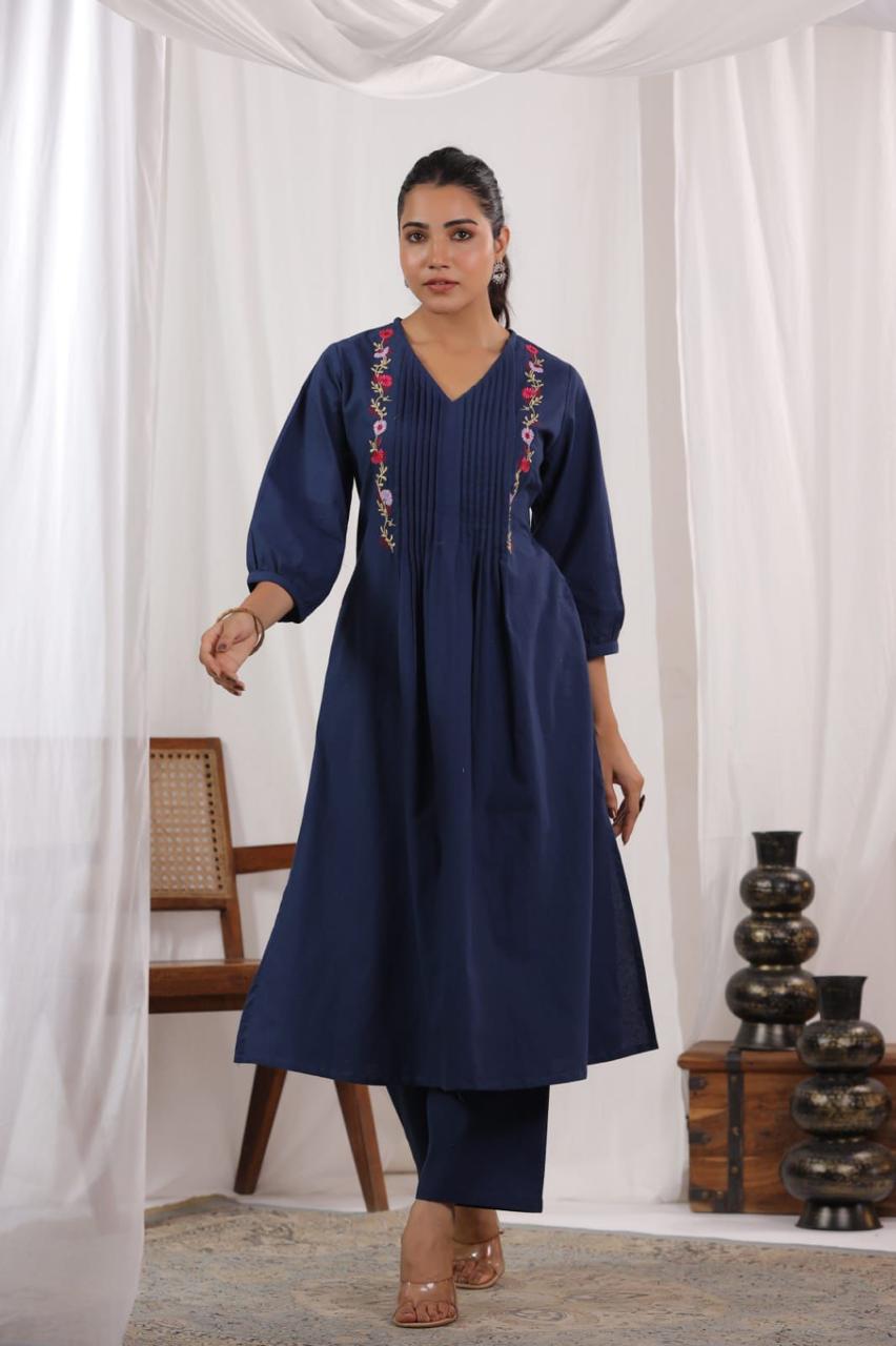 Women Blue Cotton Embroidery Kurta Pant set