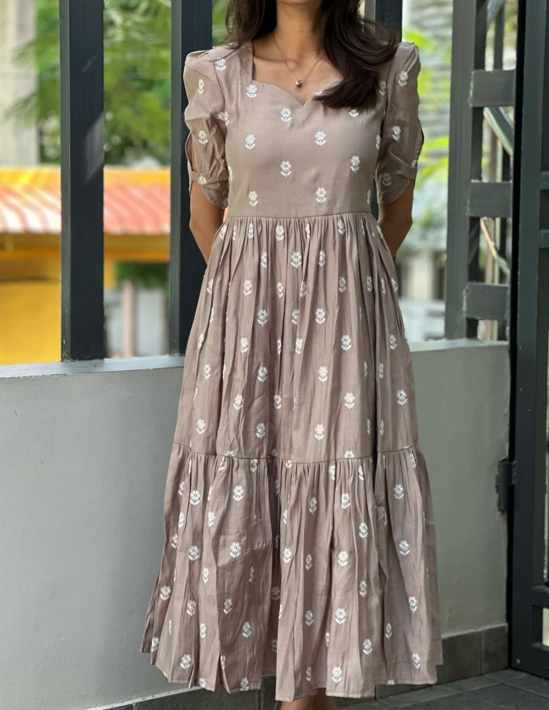 Women Grey Cotton Embroidery Flowers Middi Gown