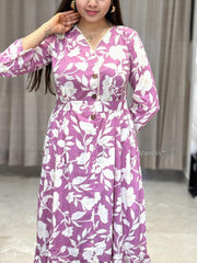 Women Lavender printed floral Cotton Middi Gown