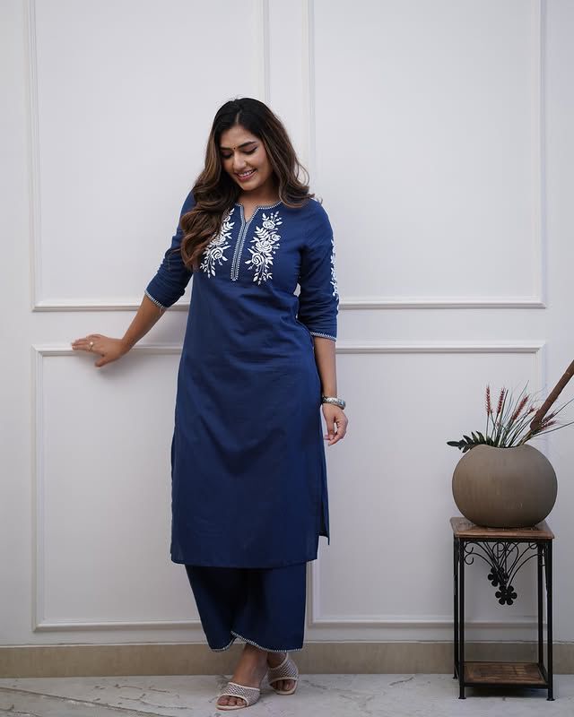 Women Both side Embroidery Blue Cotton Kurta Pant set