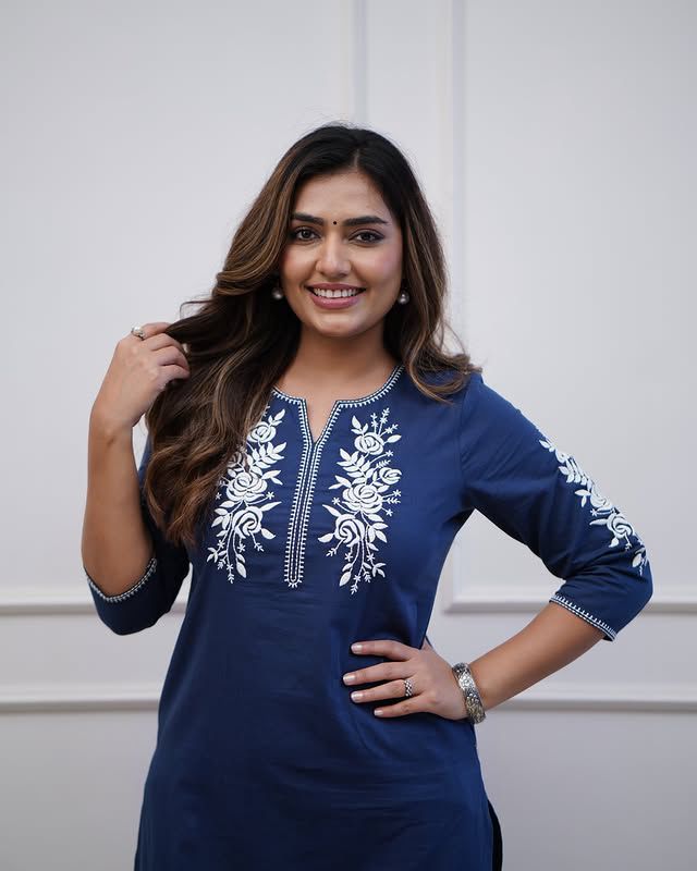 Women Both side Embroidery Blue Cotton Kurta Pant set