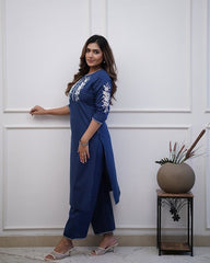 Women Both side Embroidery Blue Cotton Kurta Pant set