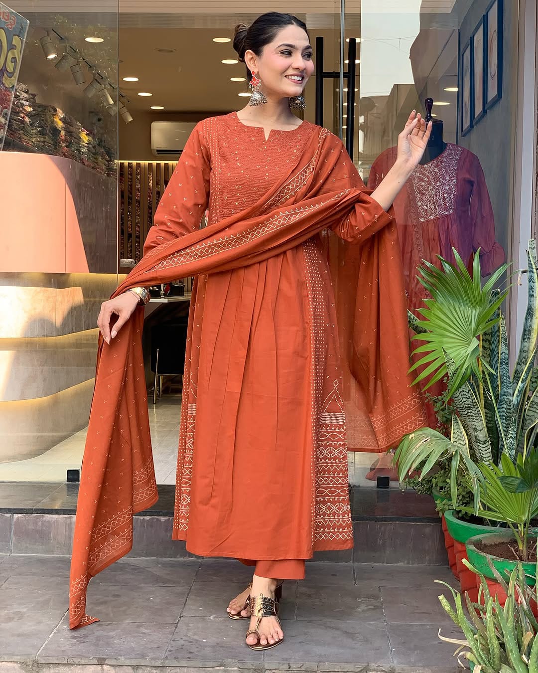 Women Orange Zari Cotton Kurta Pant and Mulmul Dupatta set