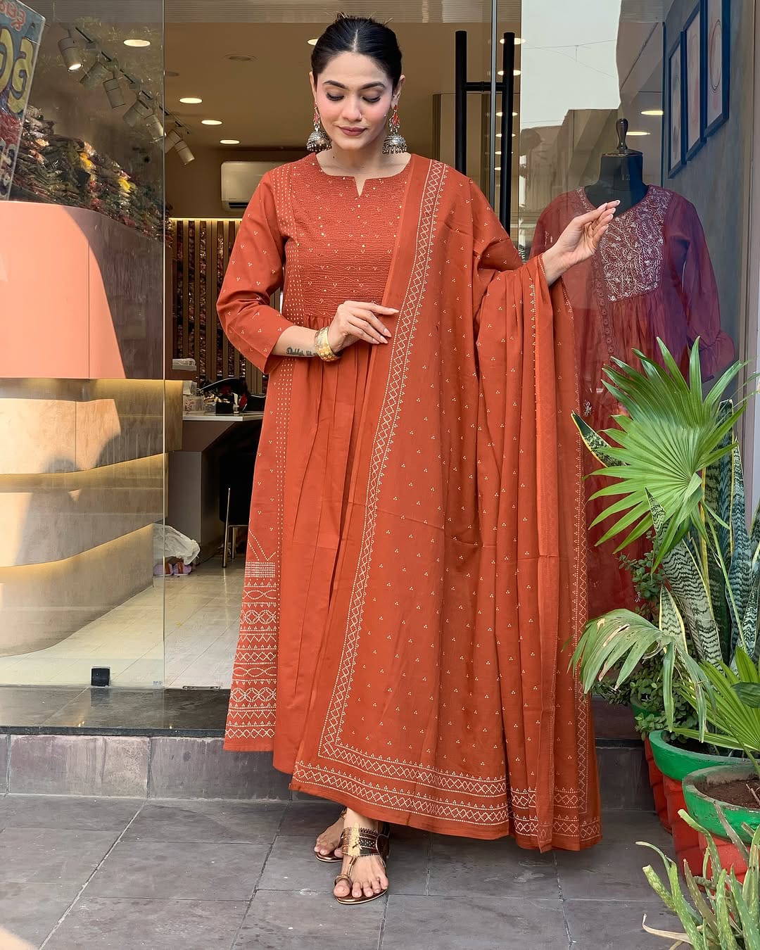 Women Orange Zari Cotton Kurta Pant and Mulmul Dupatta set