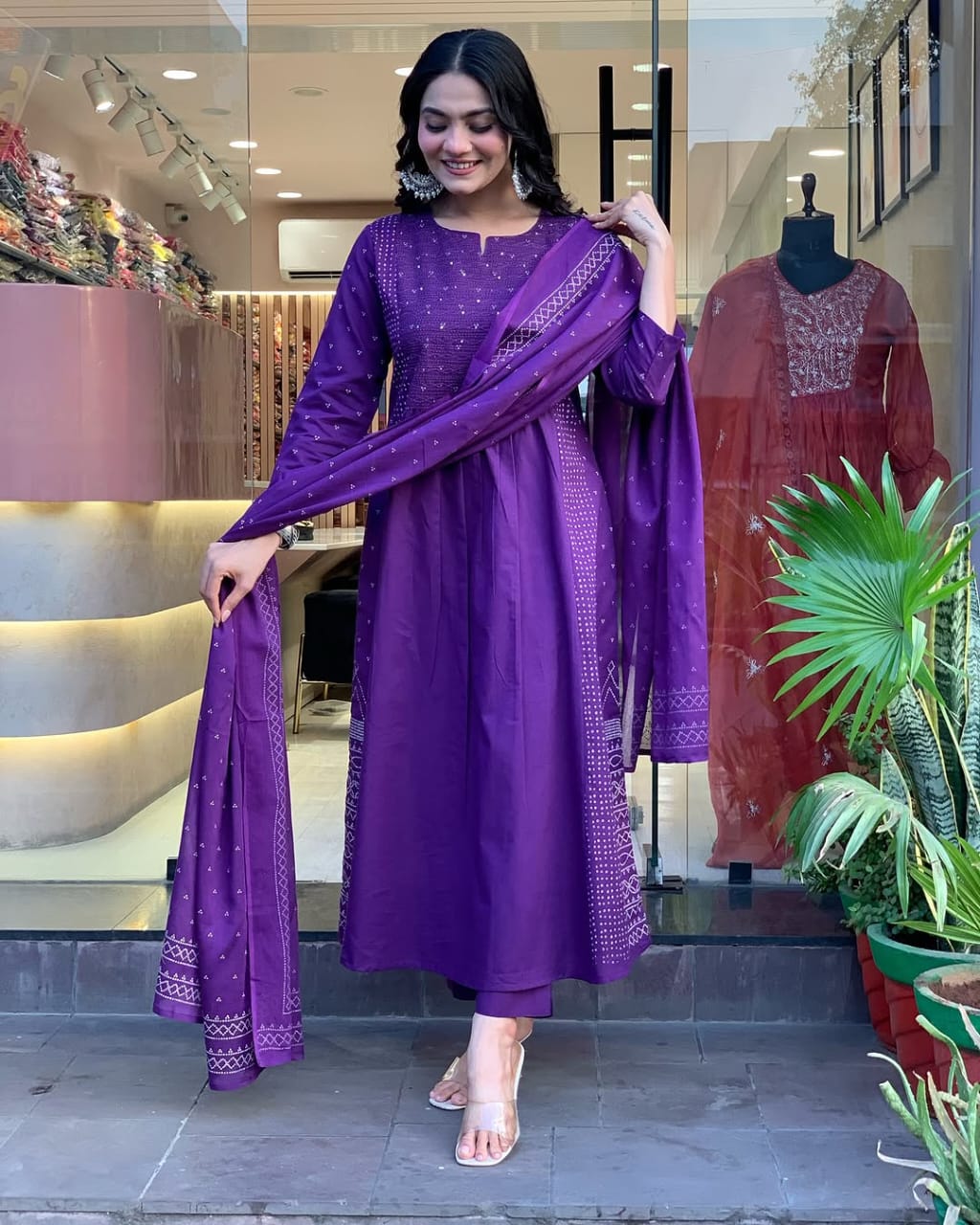 Women Purple Zari Cotton Kurta Pant and Mulmul Dupatta set