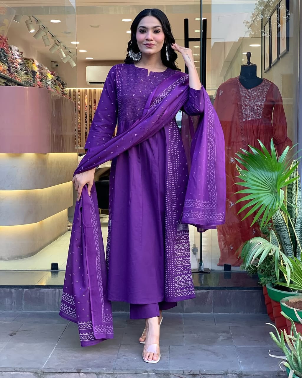 Women Purple Zari Cotton Kurta Pant and Mulmul Dupatta set