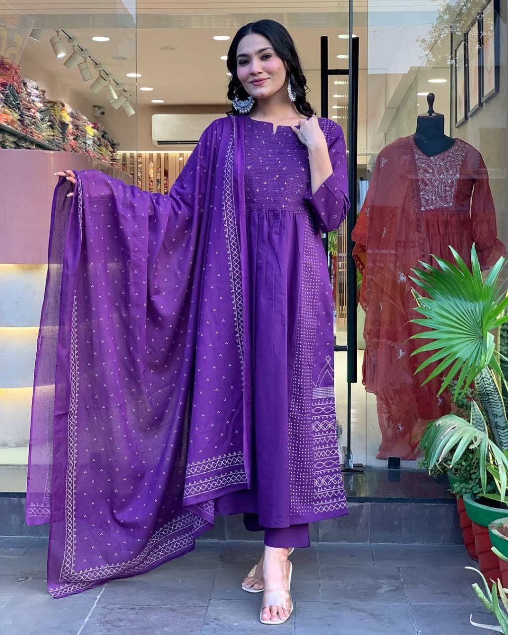 Women Purple Zari Cotton Kurta Pant and Mulmul Dupatta set