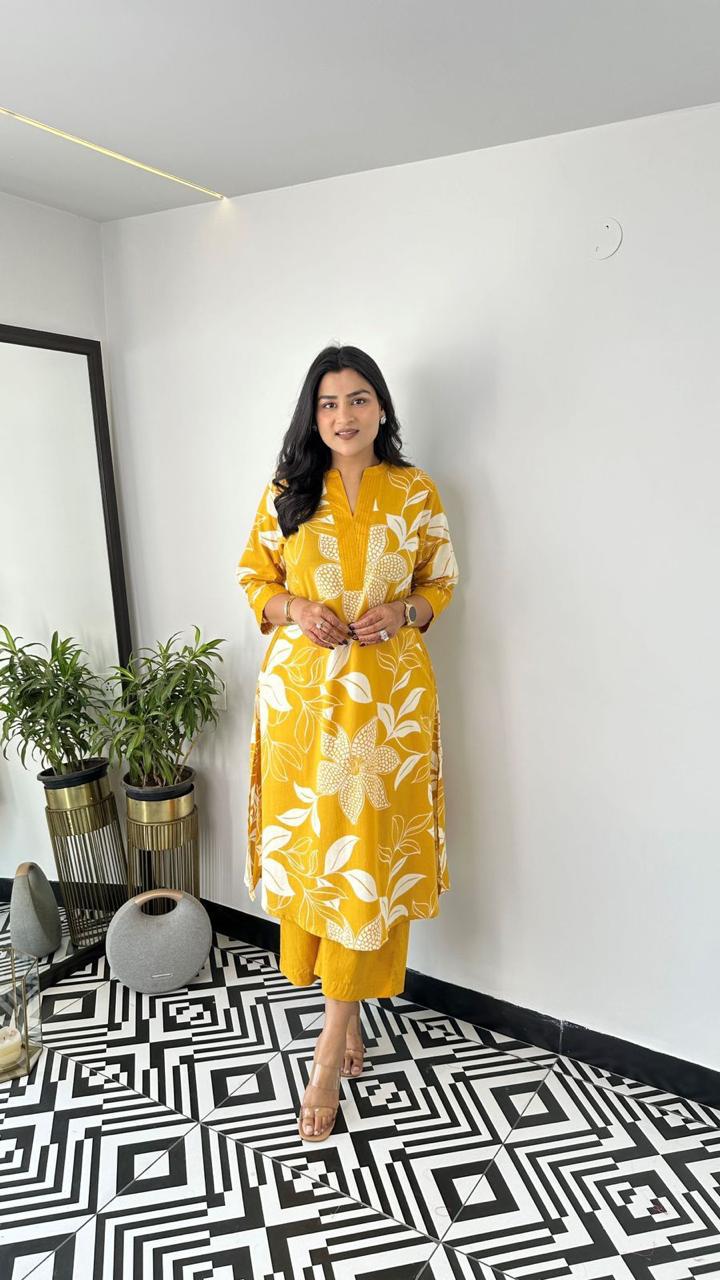 Women Yellow Printex Cotton Kurta Palazzo set