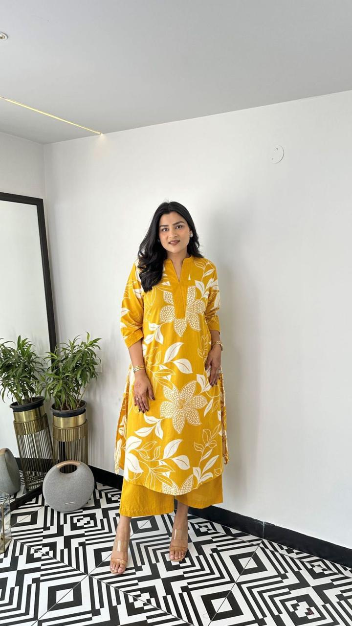 Women Yellow Printex Cotton Kurta Palazzo set