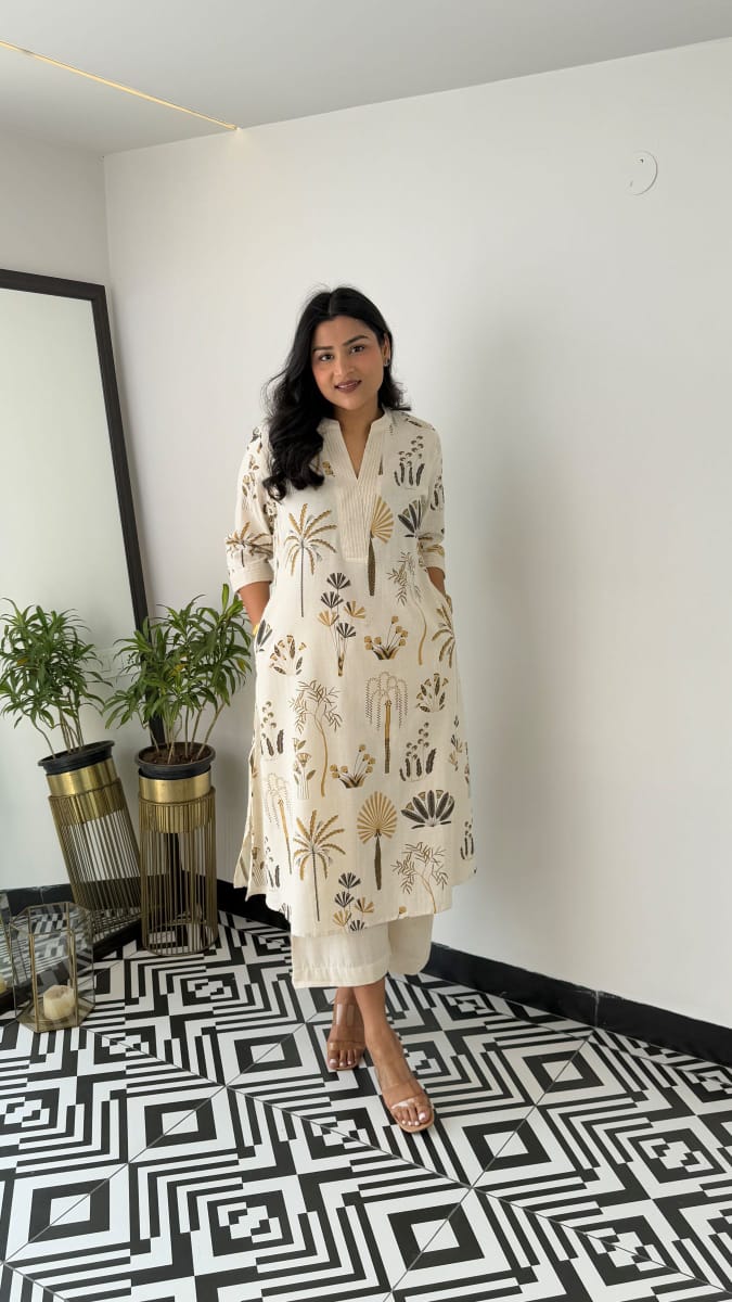 Women Off-White Breathable Brown Khajur Cotton Kurta Palazzo Set