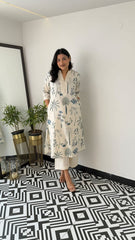 Women Off-White Breathable Blue Khajur Cotton Kurta Palazzo Set