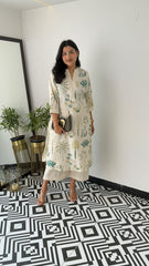 Women Off-White Breathable Green Khajur Cotton Kurta Palazzo Set